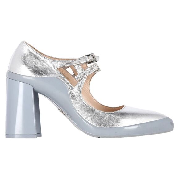Prada Double Strap Mary Jane Block-Heeled Pumps in Silver Leather - Picture 1 of 12